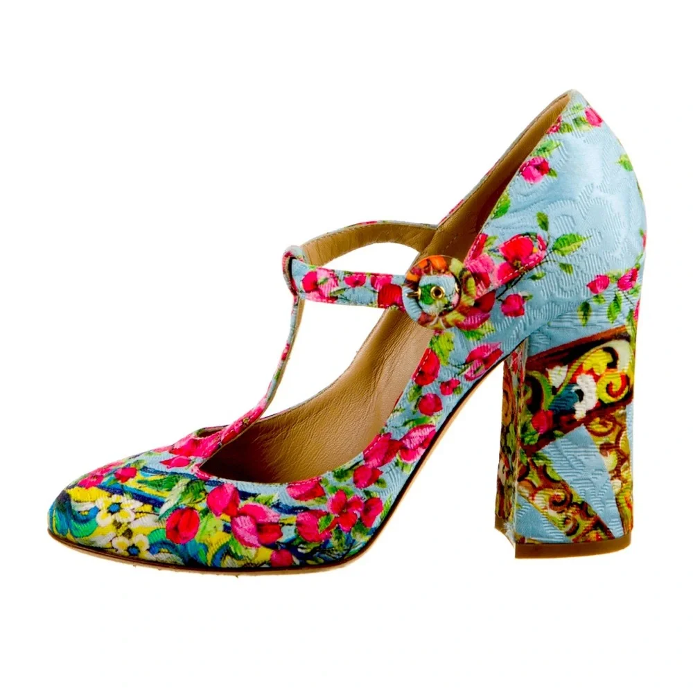 Dolce & Gabbana Floral Print T-Strap Pumps - 38.5 - RARE - Picture 1 of 5